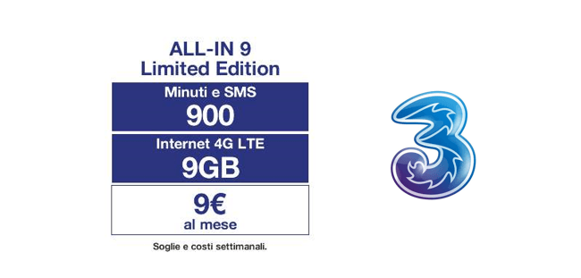 Offerta Tre All-IN 9: 900 minuti, 900 SMS e 9 GB a 9€