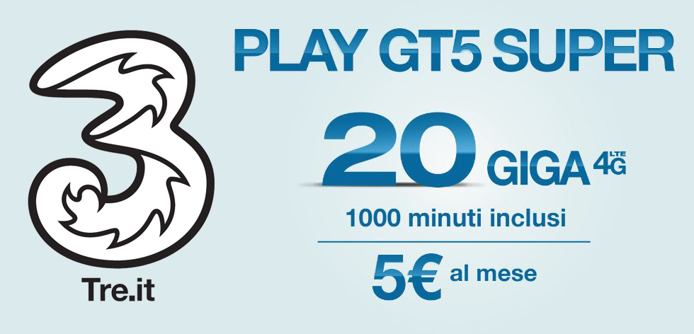 3 Italia Play GT5 Super: 20 Giga e 1000 minuti a 5 euro