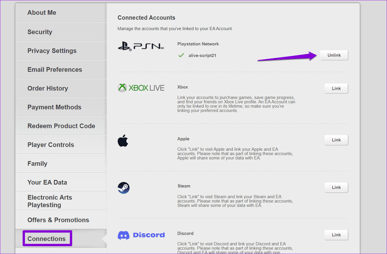 Disconnetti il tuo Account PSN da EA