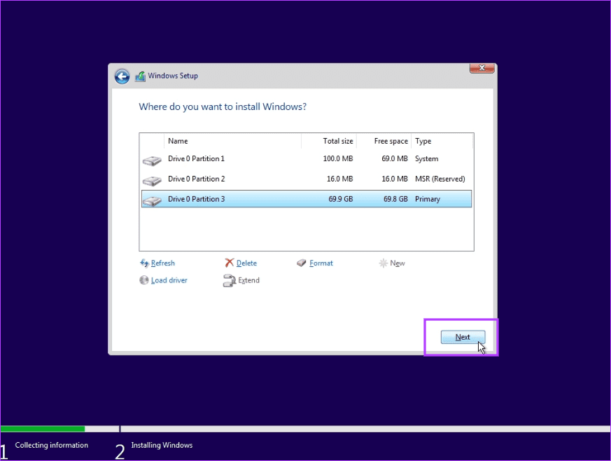 Inizia l'installazione di Windows su un'unità diversa