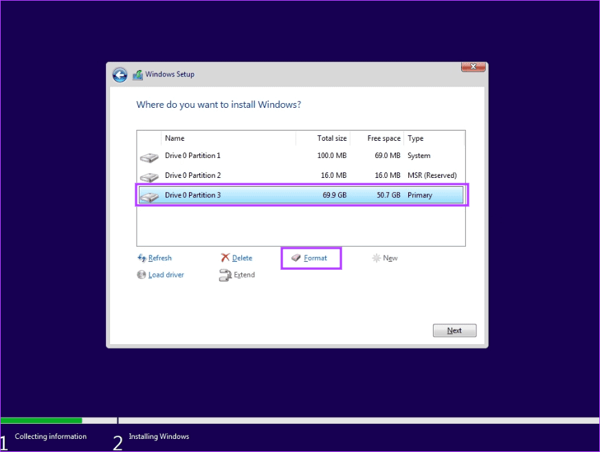 seleziona un'unità diversa per l'installazione di Windows