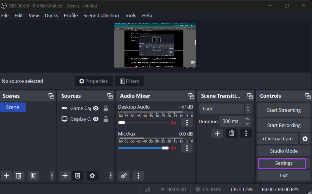 apri impostazioni obs studio