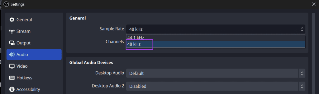 cambia frequenza di campionamento in obs studio