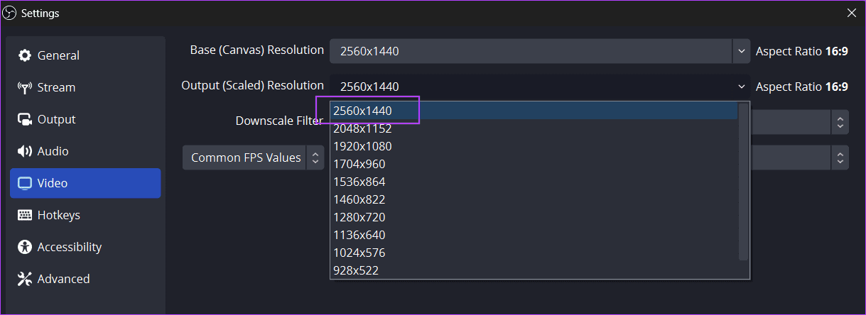 impostazione risoluzione di output in obs