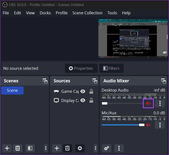 Sezione Audio Mixer in OBS