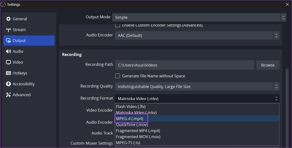 cambia formato di registrazione