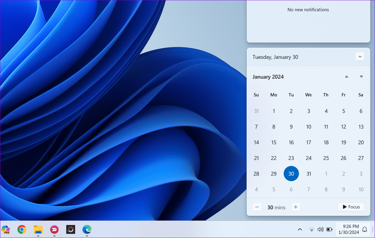 Calendario Espanso della Barra delle Applicazioni in Windows 11