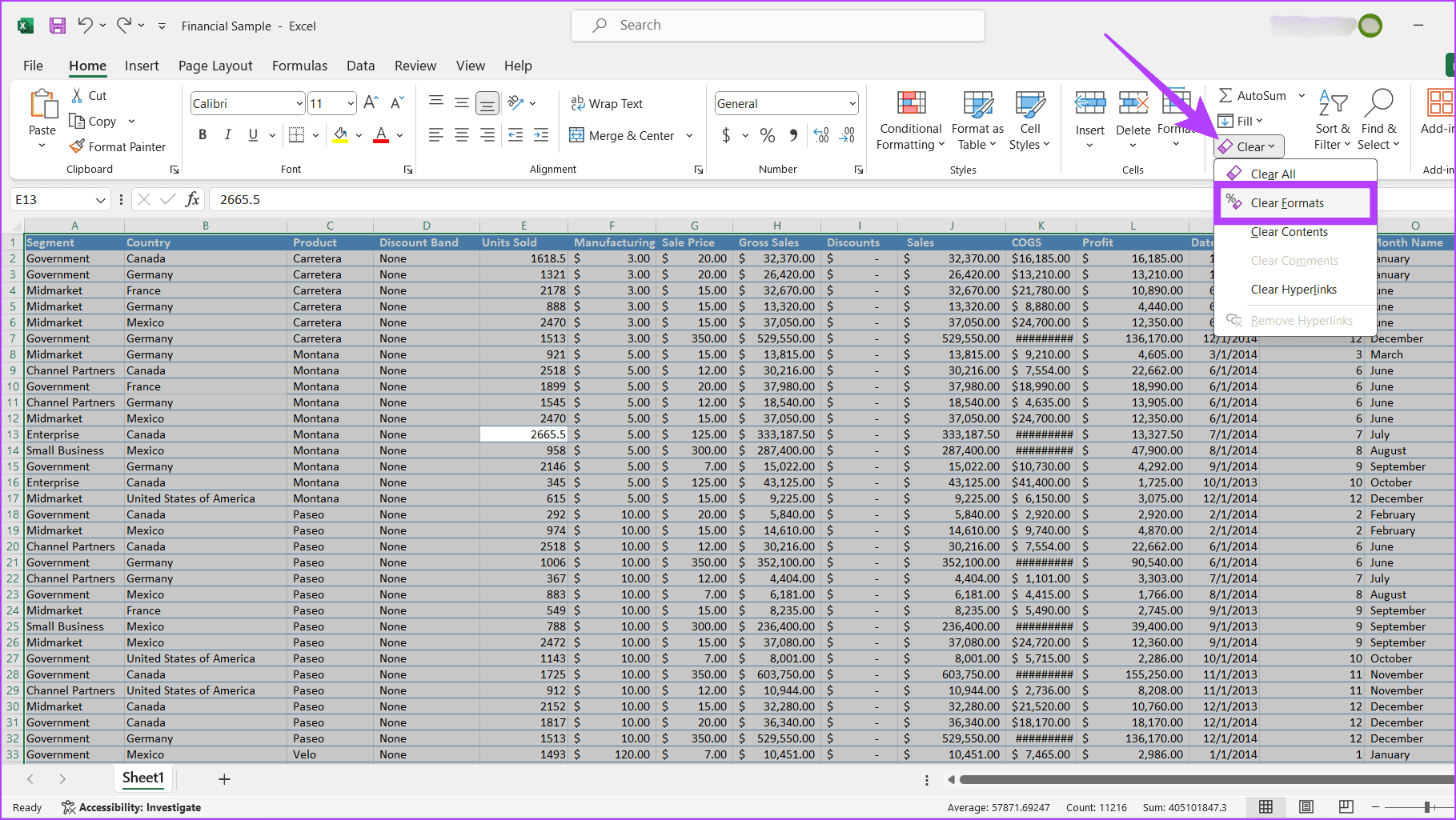 Cancella tutti i formati nella tabella Excel