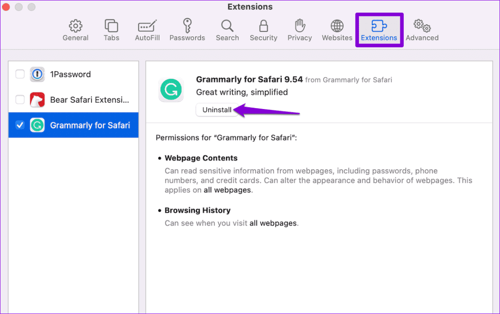 Disinstallare l'estensione Grammarly da Safari per Mac