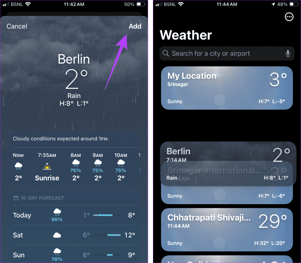 aggiungere nuova posizione nell'app Meteo iPhone