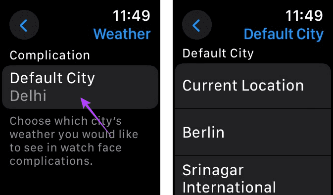 cambio città nell'app meteo di Apple Watch