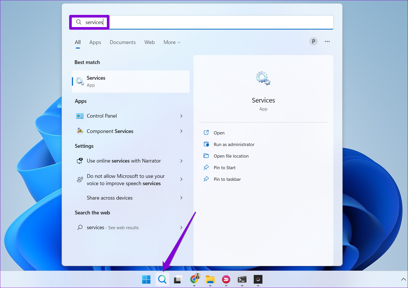 Apri Servizi su Windows 11