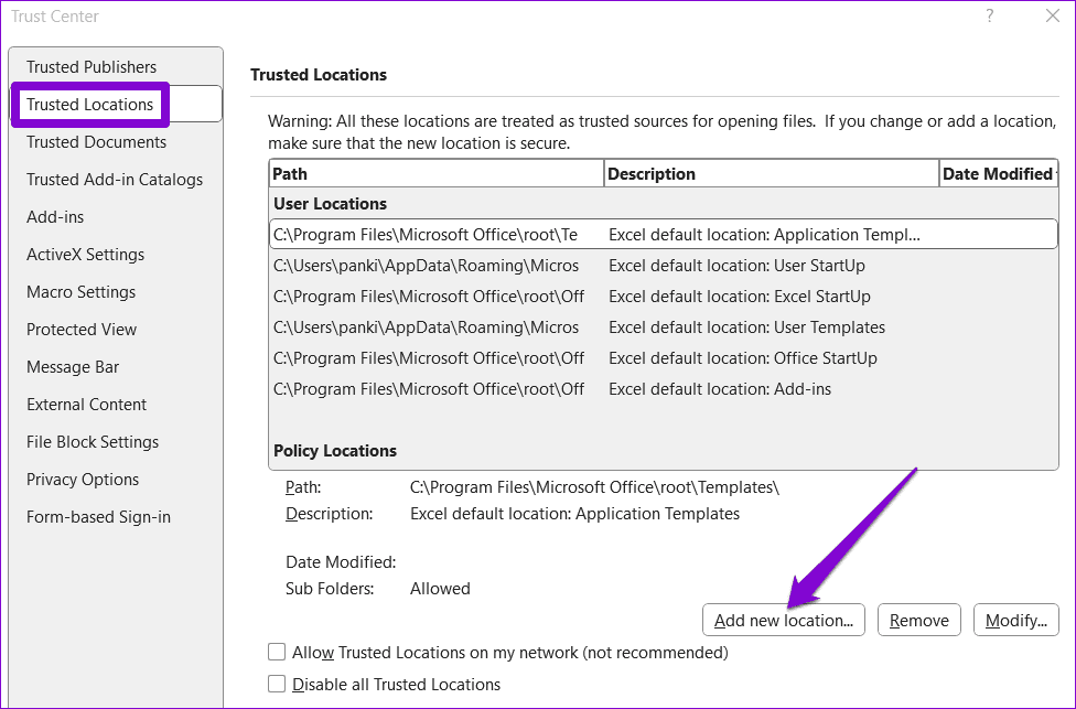 Posizione Fidata in Excel