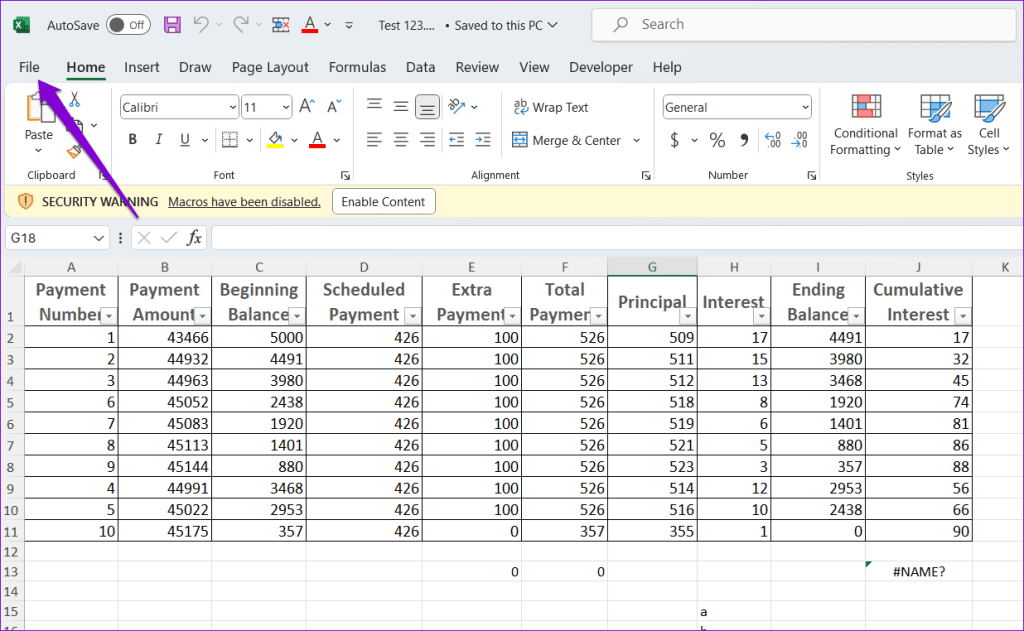 Menu File in Excel