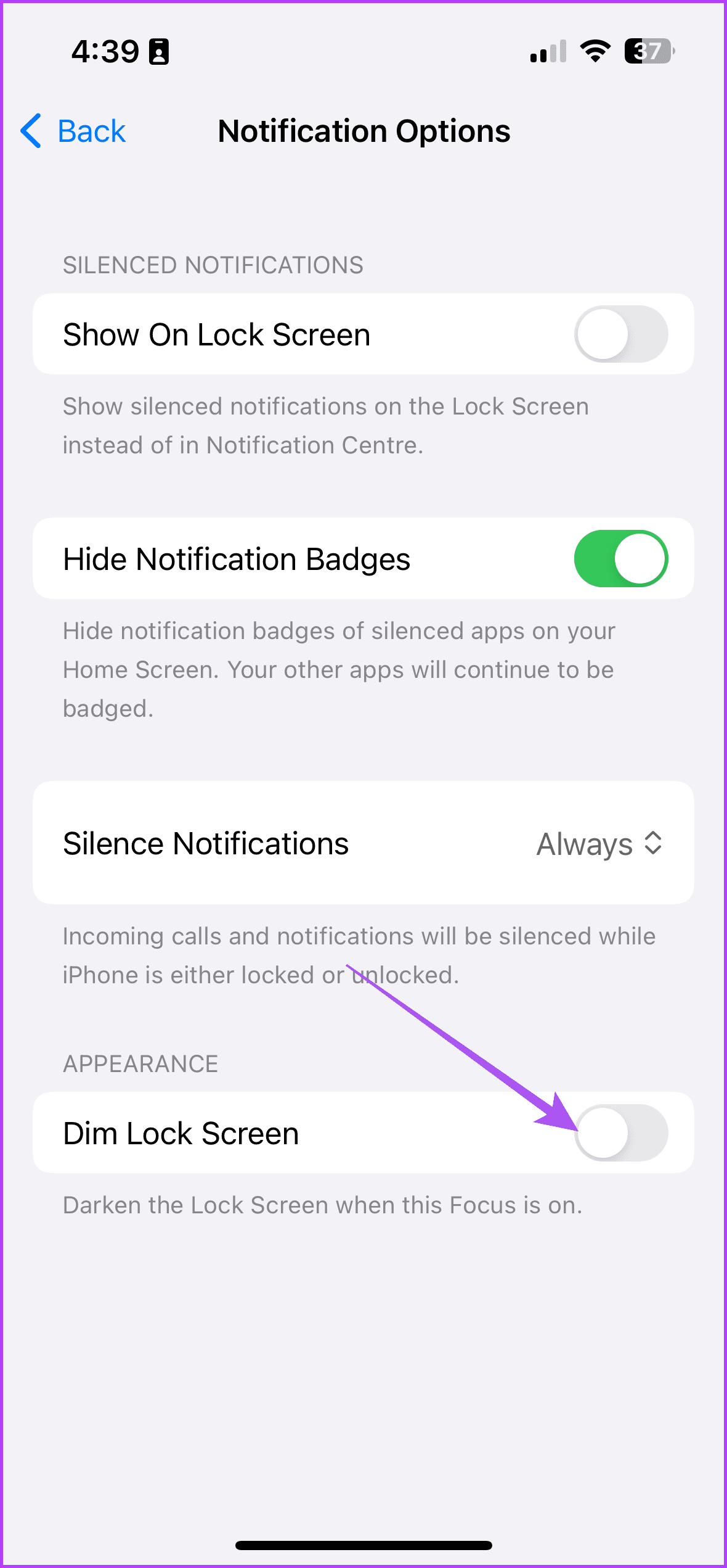 dim lock screen focus mode iphone