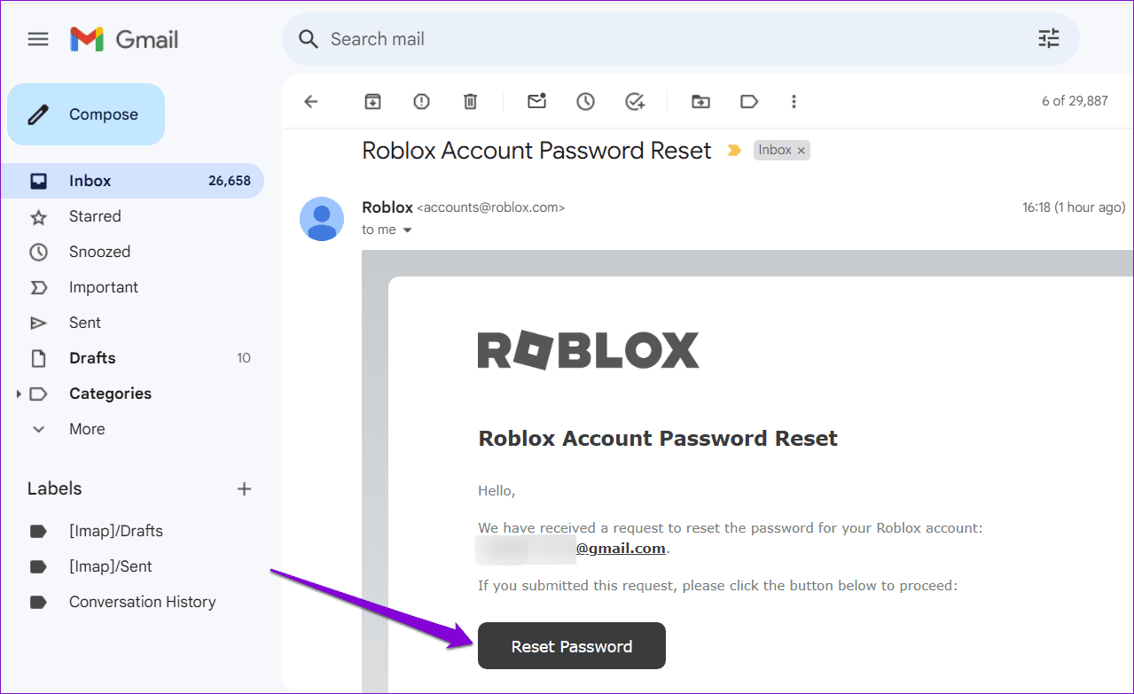 E-mail di Reimpostazione Password Account Roblox