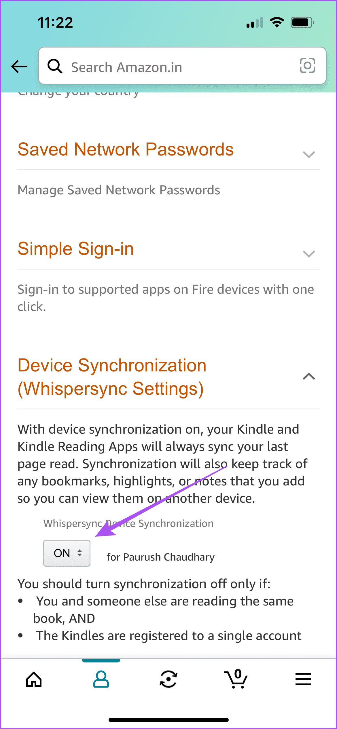 attivare le impostazioni whispersync per kindle amazon app