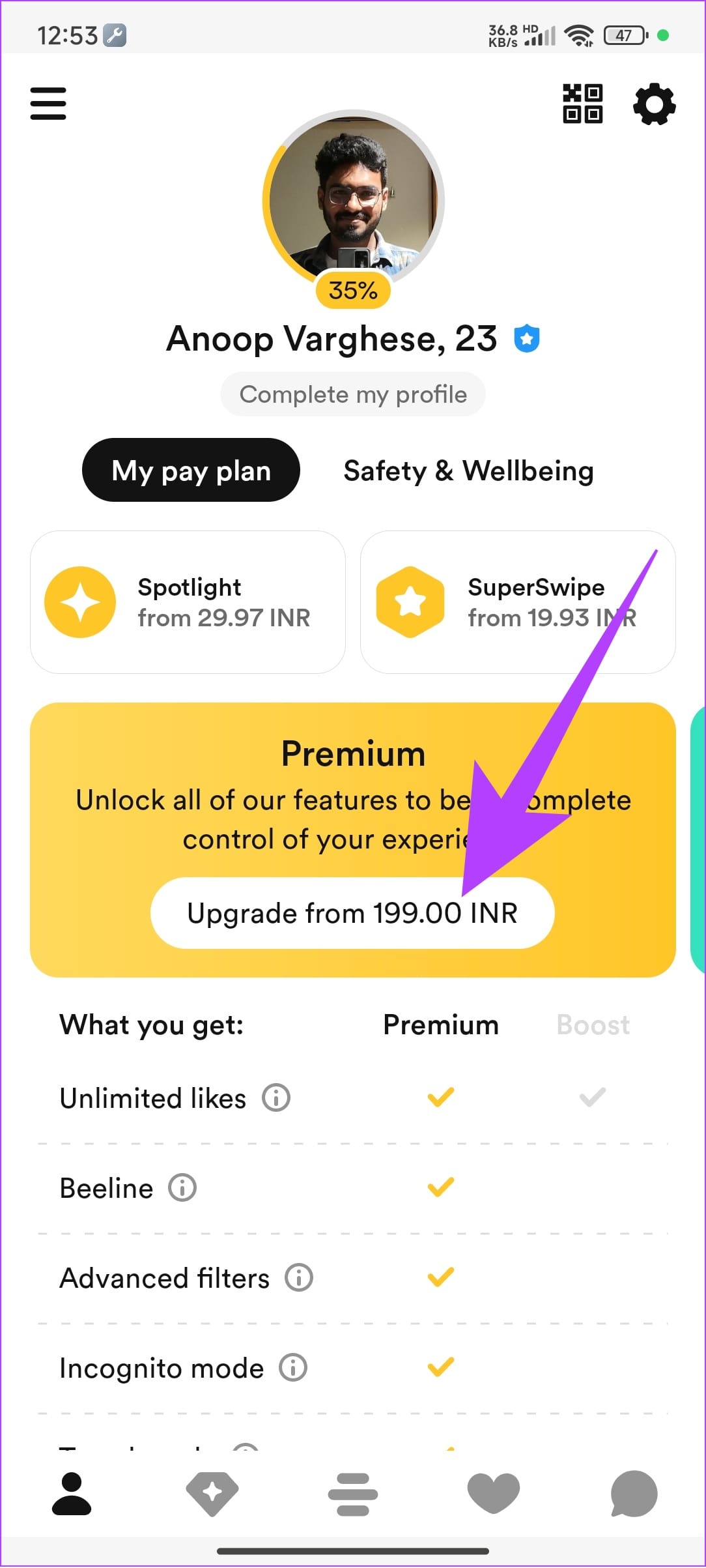 tocco per upgrade e scegliere la prova gratuita di Bumble Premium