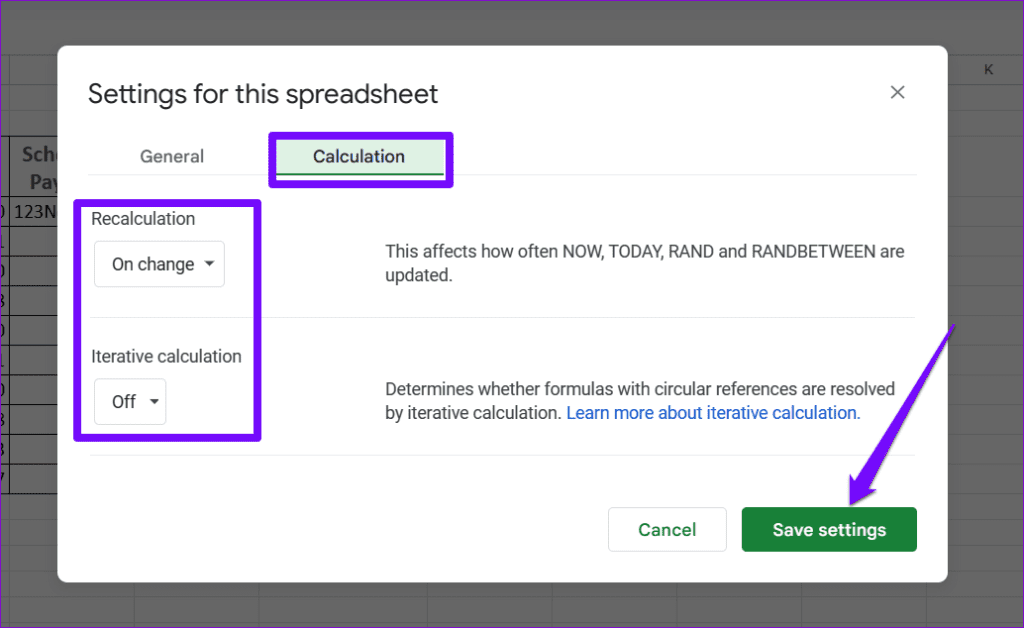 Impostazioni di Calcolo Google Sheets