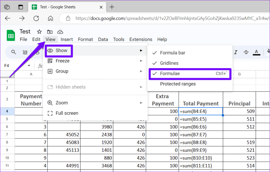 Mostra Formule nel Foglio di Lavoro Google Sheets