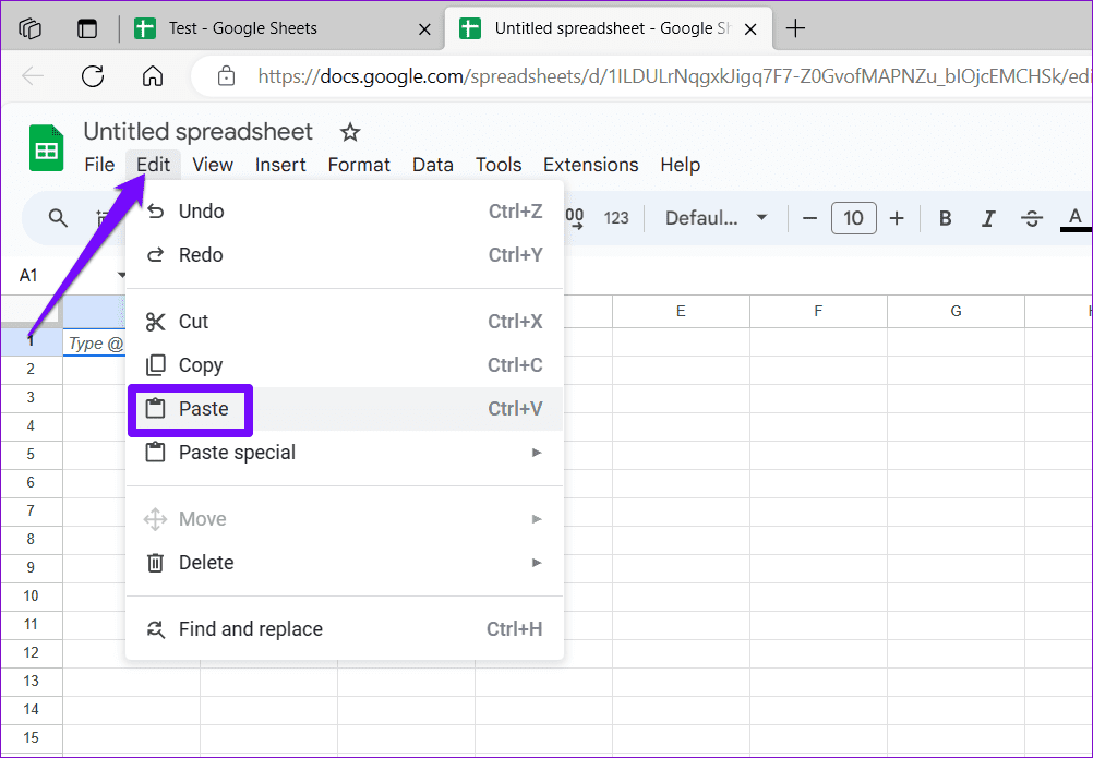 Incolla nel Foglio di Lavoro Google Sheets