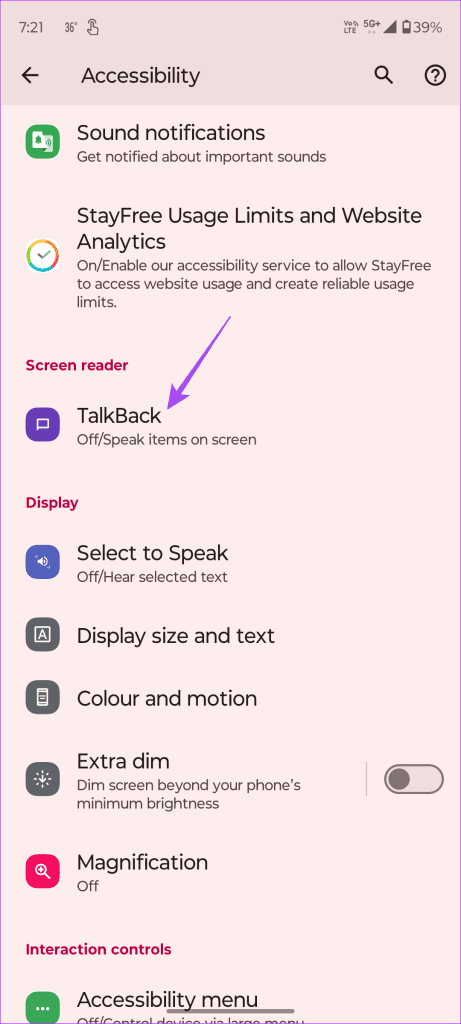 Opzione TalkBack nel menu Accessibilità