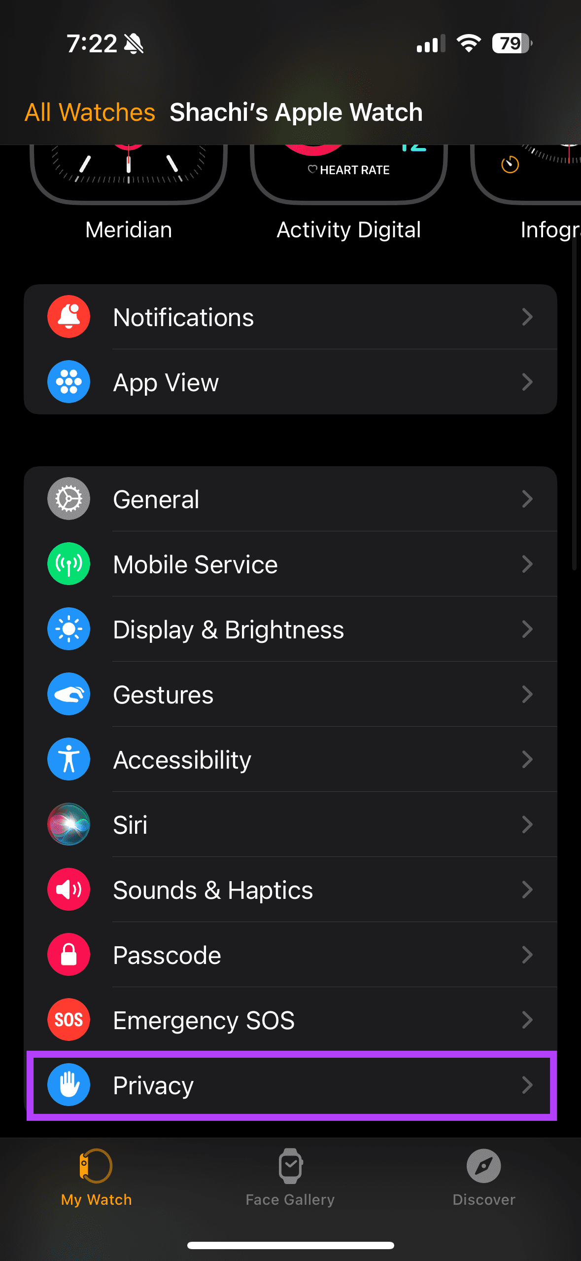 Seleziona Privacy nell'app Watch