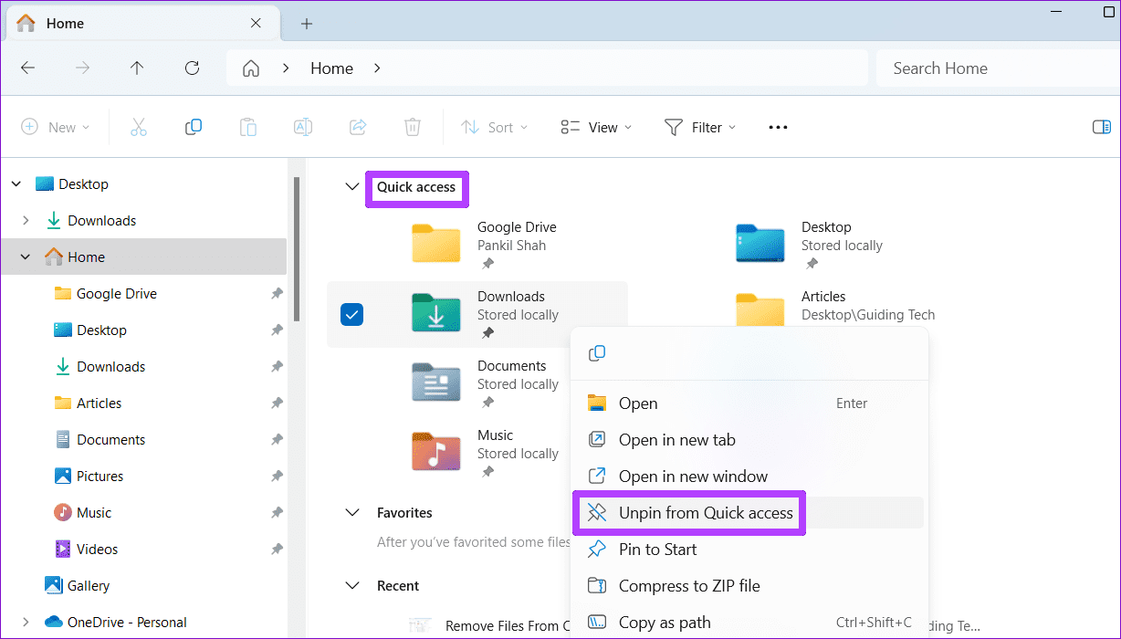 Slega una Cartella dal Pannello di Accesso Rapido in Windows 11