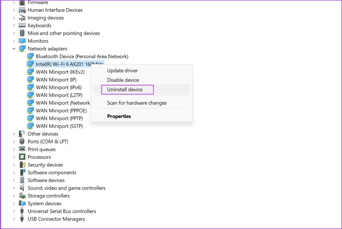 Disinstalla Dispositivo di Rete