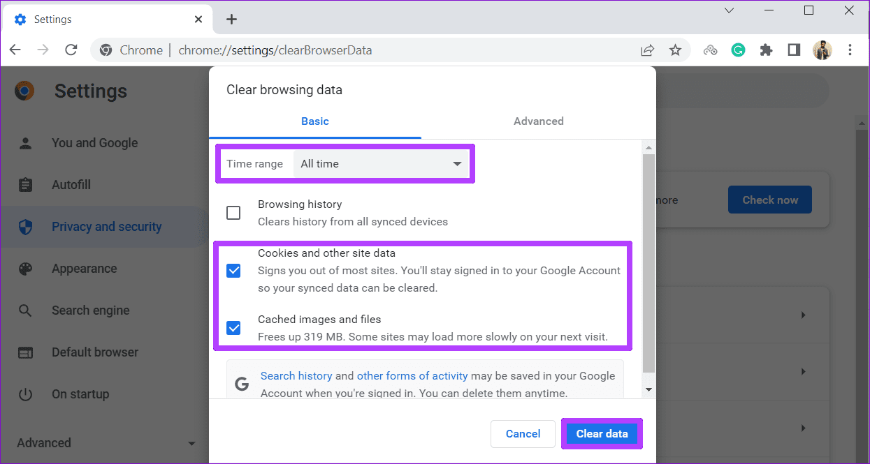 Cancella Cache e Cookie in Chrome Desktop