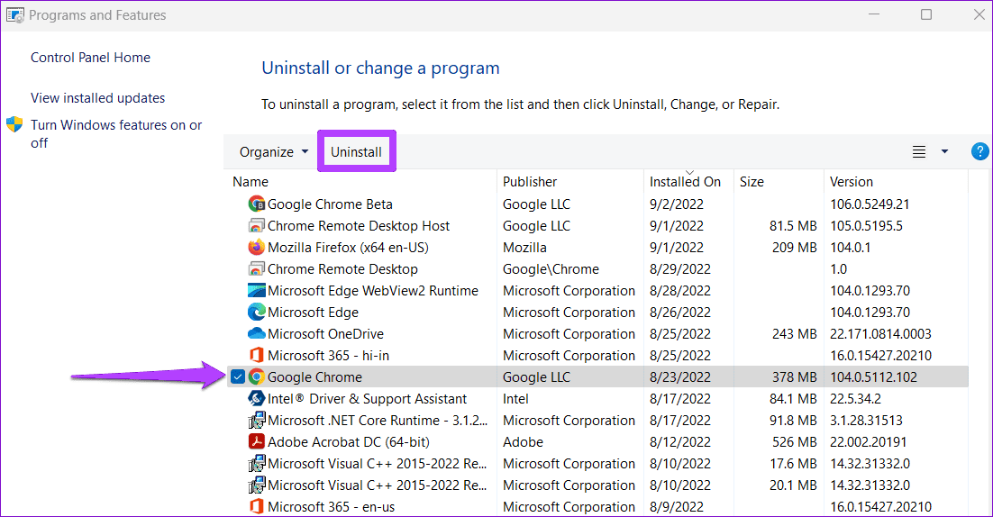 Disinstalla Chrome da Windows