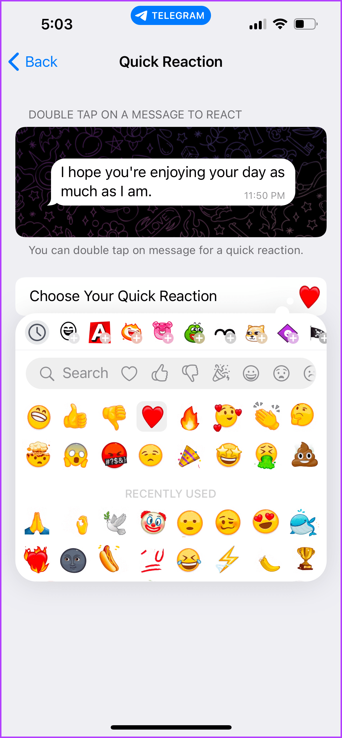 cambiare emoji di reazione rapida Telegram