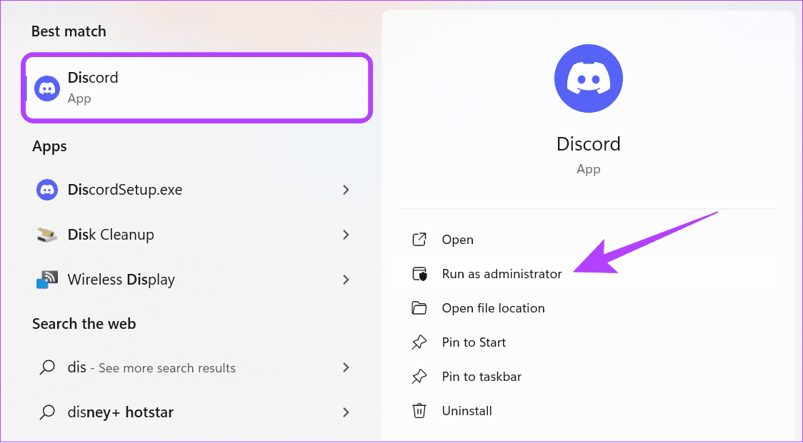 scegli Discord e poi premi esegui come amministratore