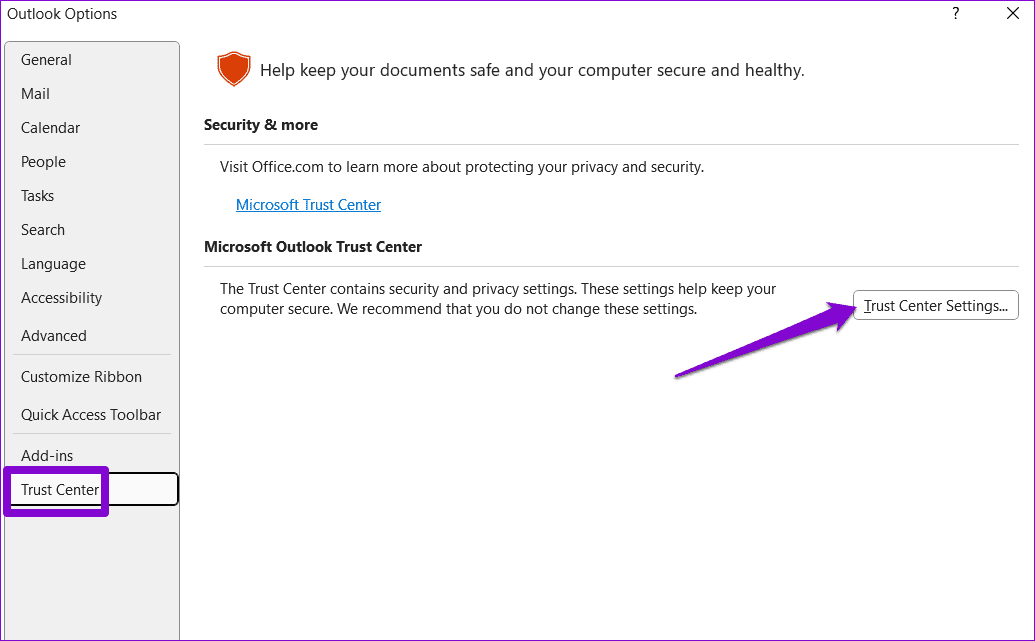 Impostazioni del Centro Protezione di Outlook