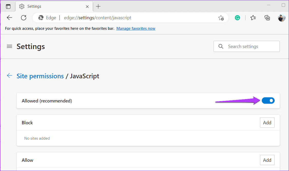 Abilita JavaScript in Microsoft Edge