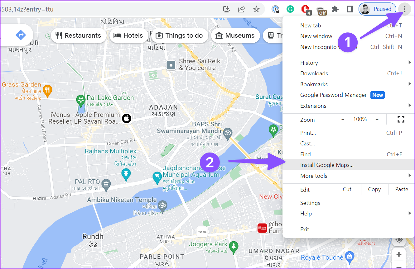 Install Google Maps menu in Chrome