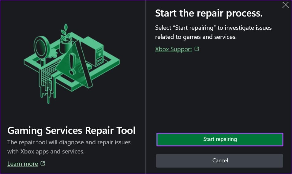 Opzione Inizia Riparazione nell'app Xbox