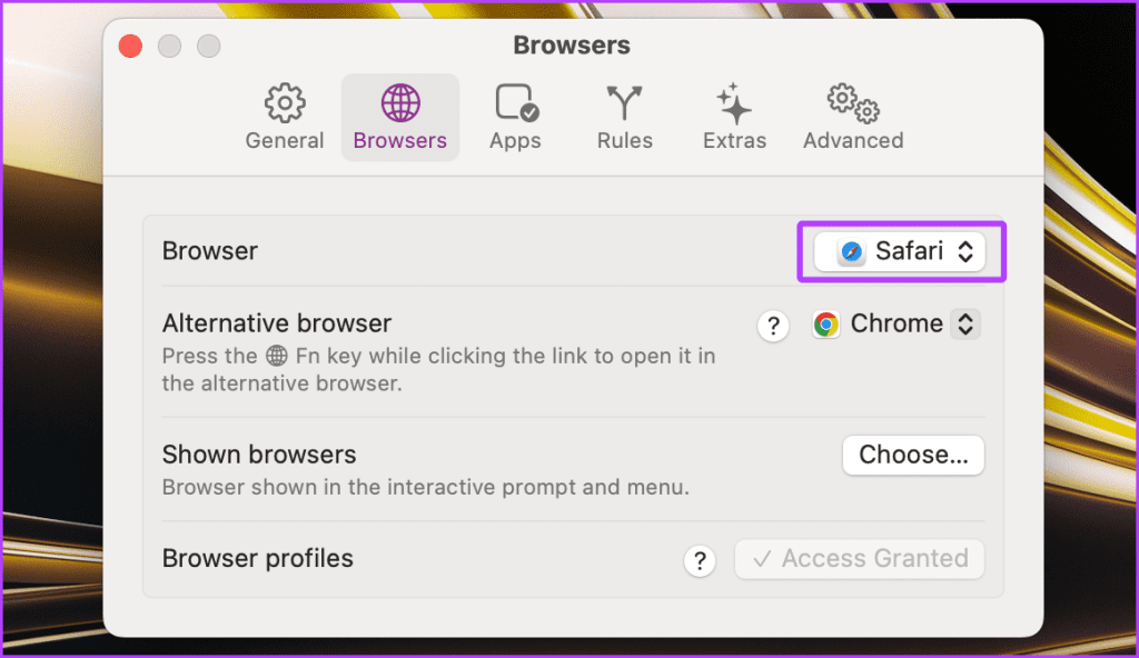 Selezione del Browser Primario in Velja su Mac