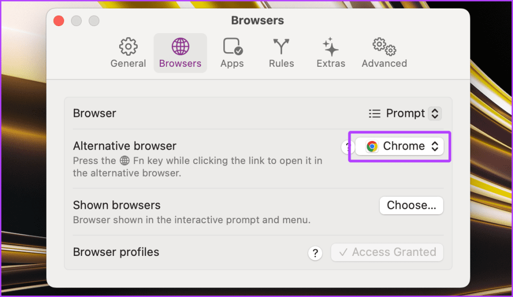 Impostazione del Browser Alternativo in Velja su Mac