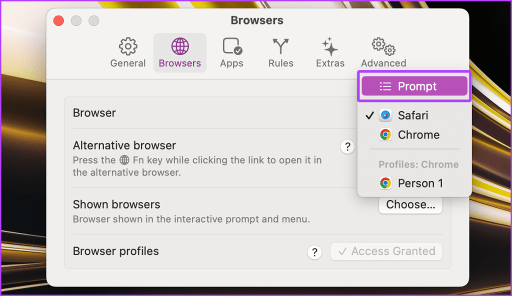 Impostazione del Selettore di Browser Velja su Mac