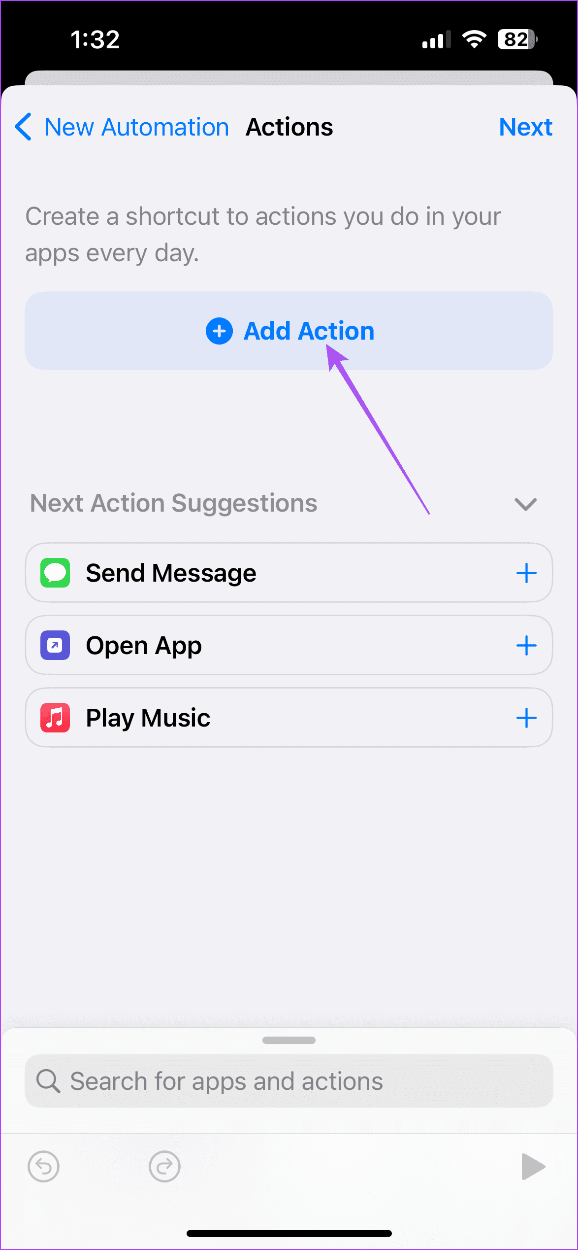 add action shortcuts messages iphone