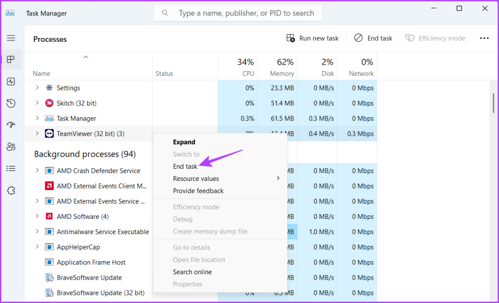 Opzione Termina attività nel Task Manager