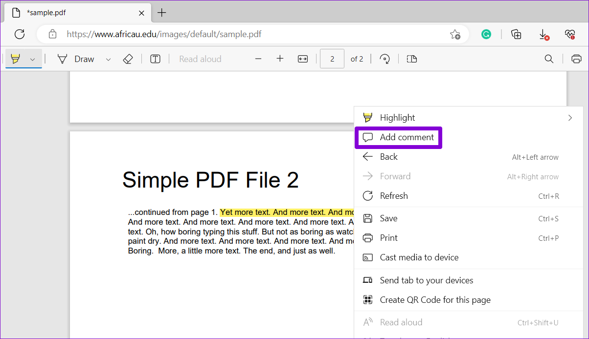 Aggiungere Commento a PDF in Edge