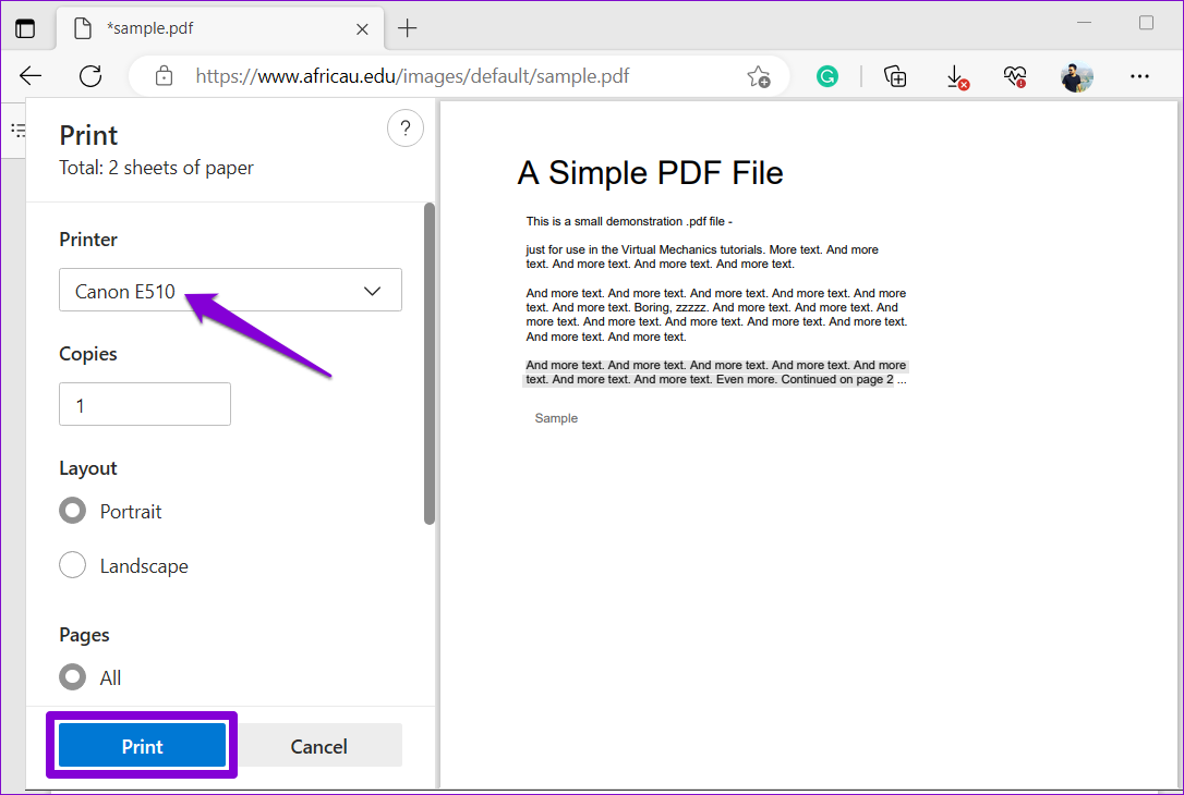 Stampare un PDF con Edge