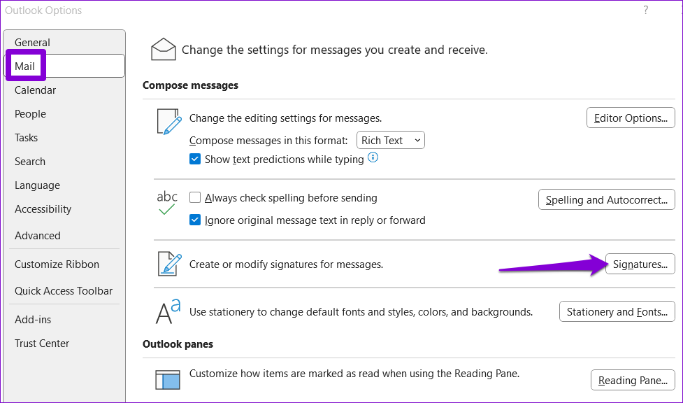 Impostazioni firma di Outlook