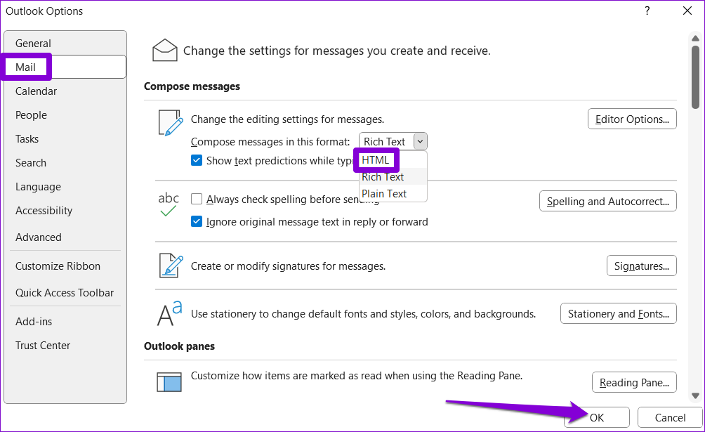 Cambia formato email di Outlook