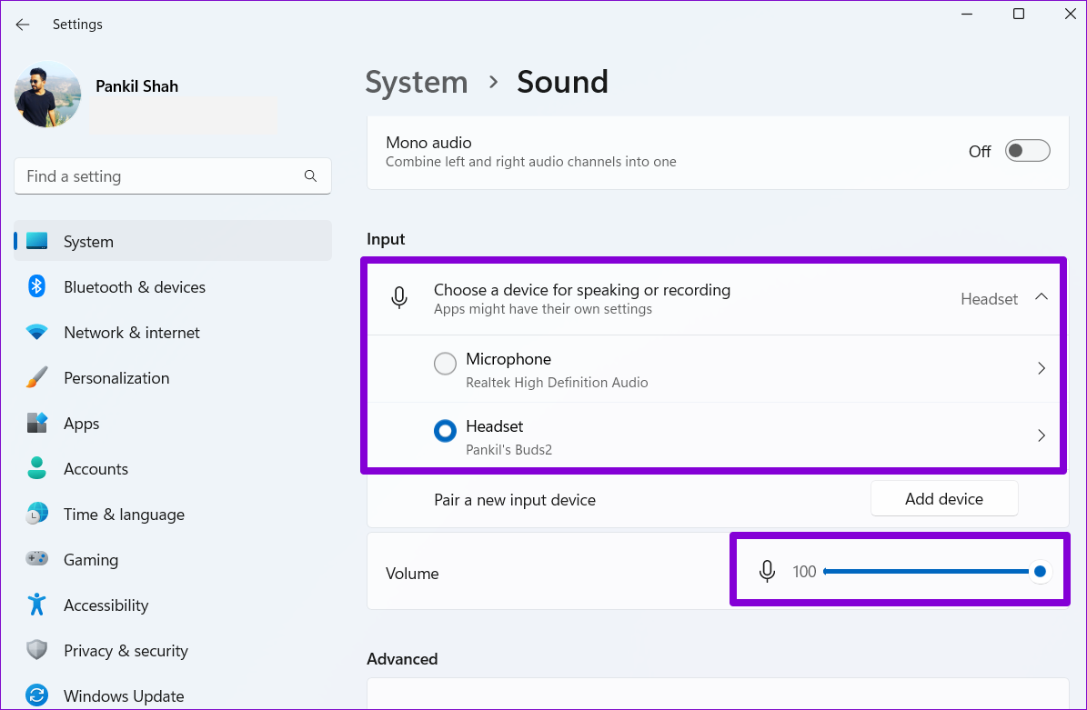 Controllare Dispositivo di Input Audio e Volume