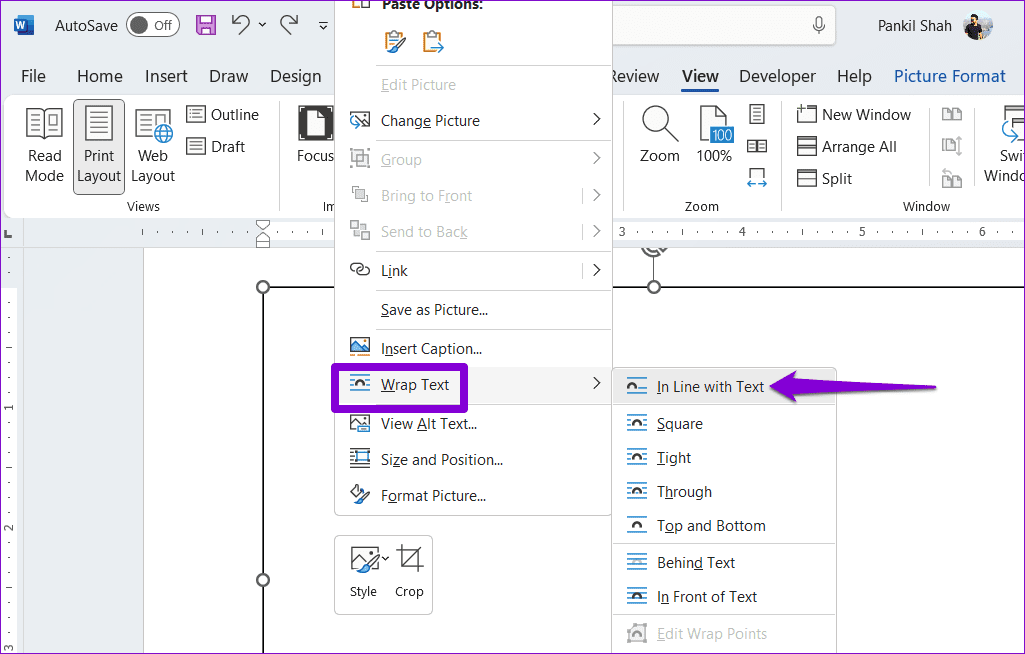 Utilizzare l'Opzione In Linea con il Testo in Word